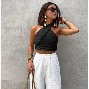 {NWT} Commense Black Cross Halter Crop Top
